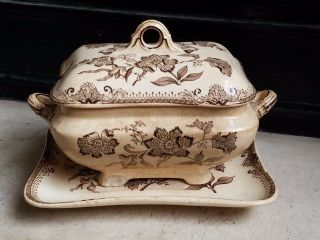 Ant Brown Aesthetic Transferware J.  F.  Wileman 3 Pc Soup Tureen Chinese Plant