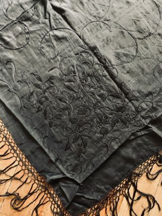 Antique Victorian Black On Black Floral Embroidered Silk Mourning Shawl