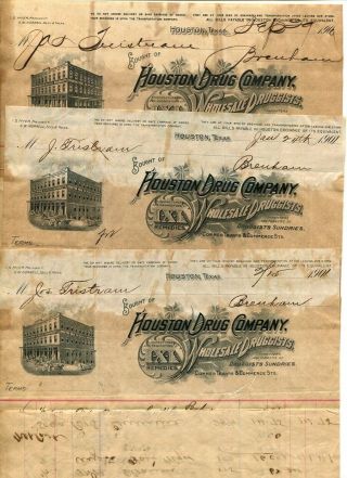 5 Antique Quack Medicine Billheads 1896 - 1901 Houston Drug Company Texas 3