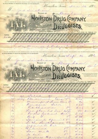 5 Antique Quack Medicine Billheads 1896 - 1901 Houston Drug Company Texas 4
