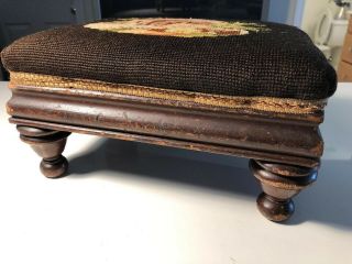 Antique Wood Footstool,  Hand Crocheted