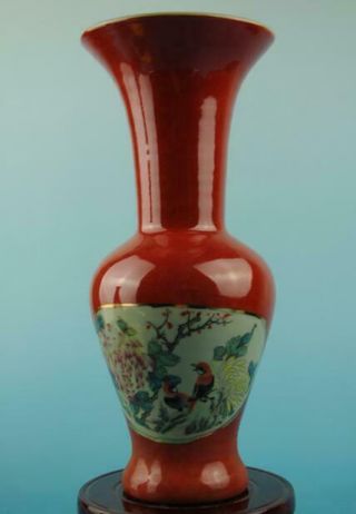 China Old Hand - Made Red Bottom Famille Rose Bird And Flower Porcelain Vase B02