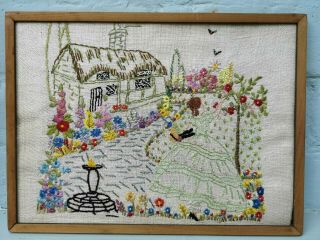 Vintage Embroidered Crinoline Lady Cottage Garden Picture Framed Birds Flower