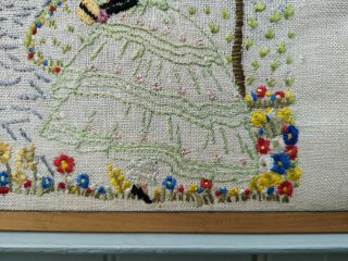 VINTAGE EMBROIDERED CRINOLINE LADY COTTAGE GARDEN PICTURE FRAMED BIRDS FLOWER 3