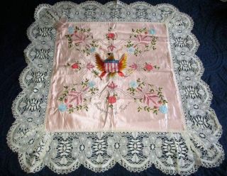 Antique French Silk Hand Embroidered Pillow Cover Ribbonwork Ribbon Lace