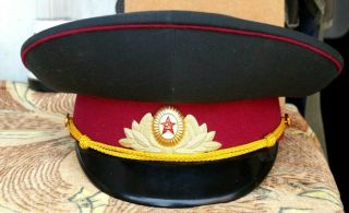 Vintage Russian Peaked Military Cap Army Green Soviet Badge Red Felt Band Hat 58