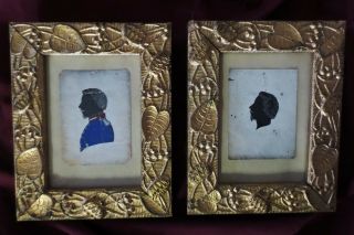 Silhouettes Military Pair Antique 19th Century Framed Gentlemen Calling Cards