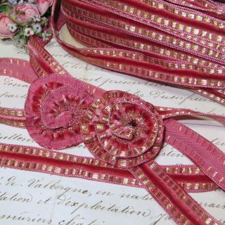 18 " Vtg French Pink Gold Metallic Velvet Ribbon Work Art Flower Pull Thread Doll
