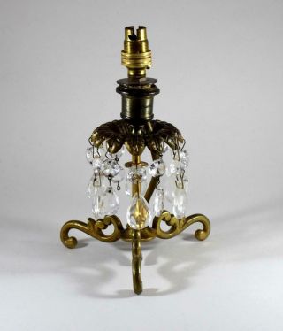 Antique Vintage French Brass Small Table Dresser Lamp Crystal Drops