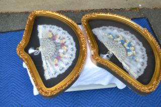 Two Antique Hand Painted Lace Fans W/ Mother Of Pearl Gold Frame