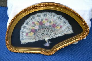 TWO ANTIQUE HAND PAINTED LACE FANS w/ MOTHER of PEARL GOLD FRAME 2