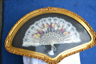 TWO ANTIQUE HAND PAINTED LACE FANS w/ MOTHER of PEARL GOLD FRAME 3