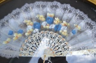 TWO ANTIQUE HAND PAINTED LACE FANS w/ MOTHER of PEARL GOLD FRAME 4