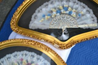 TWO ANTIQUE HAND PAINTED LACE FANS w/ MOTHER of PEARL GOLD FRAME 8