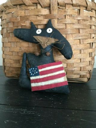 Primitive Americana Patriotic Kitty With Flag Shelf Sitter