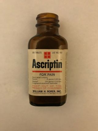 Antique Ascriptin Pain Medication Glass Bottle By William H.  Rorer,  Inc Pain Rare