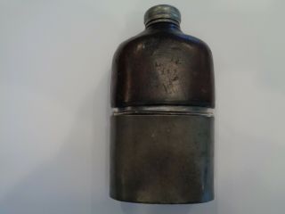 Whiskey Flask - Leather covered glass body & pewter cup 6 1/4 inch - named 2