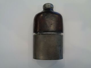 Whiskey Flask - Leather covered glass body & pewter cup 6 1/4 inch - named 3