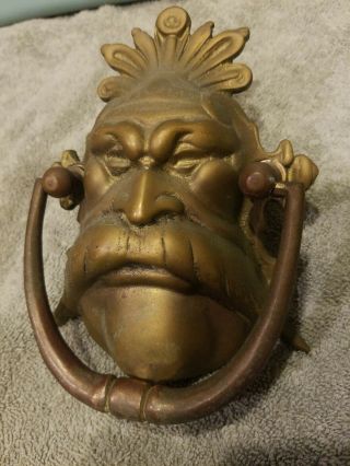 Vintage Rare Unusual Solid Brass Moustache Mans Face Large Brass Door Knocker