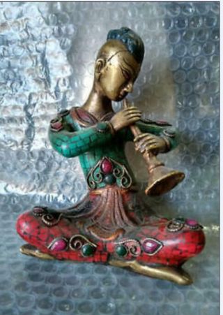 17 Cm / Tibetan Buddhism Copper Inlaid Turquoise Singing In China