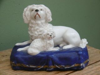 Pr 19thc Staffordshire Porcelain Recumbent Poodle With Pup Figures C.  1850