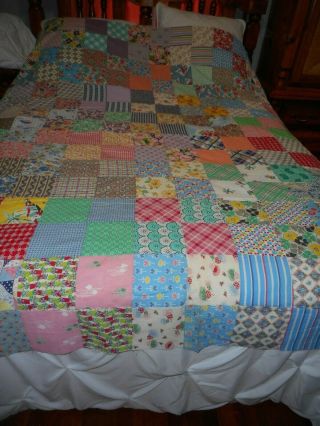 Vintage Novelty Feedsack Squares Quilt Top 87 X 76 5 1/4 " Squares Fishing Lures