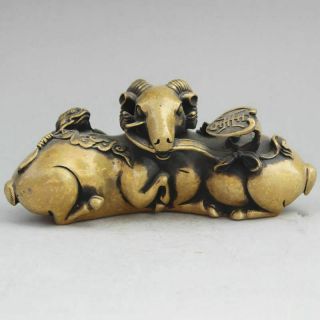 Antique China Brass Hand Made Fengshui Lucky Sheep Ruyi Statue