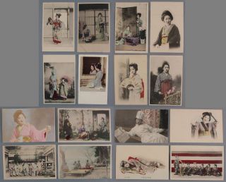 16 Antique Early 20thc Hand Colored Photograph Postcards Japanese Geisha Woman