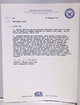 1973 Department Of The Us Air Force Achievement Award Letter