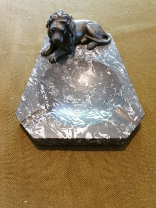 Vintage Marble Ashtray With Spelter Lion Art Deco