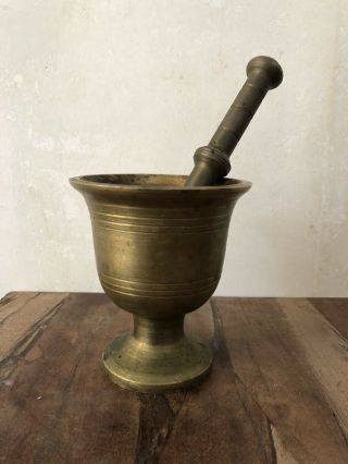 Antique Thick Solid Brass Mortar And Pestle Set Apothecary Medicine Pharmacy
