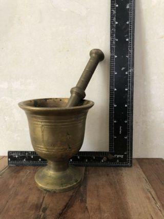 Antique Thick Solid Brass Mortar And Pestle Set Apothecary Medicine Pharmacy 7