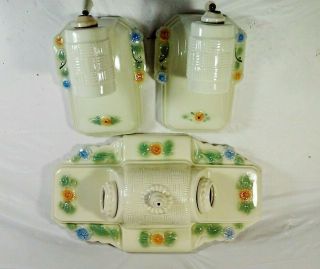 3 Vintage Porcelier Porcelain Floral Light Fixtures Ceiling & 2 Wall Sconces
