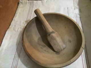 Antique Primitive Wooden Rimmed Dough Butter Bowl & Paddle,  Orig Sur