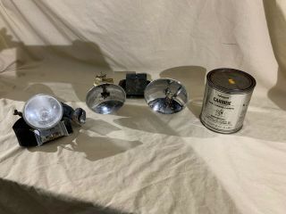 Early 20thc Coal Miners Brass Carbide Helmet Lamps W/ Reflectors & Carbide