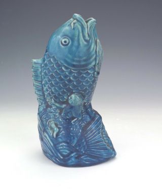 Antique Chinese Oriental Blue Glazed Leaping Fish Vase Figure - Unusual