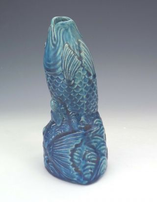 Antique Chinese Oriental Blue Glazed Leaping Fish Vase Figure - Unusual 2