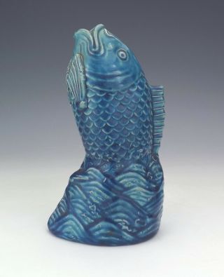 Antique Chinese Oriental Blue Glazed Leaping Fish Vase Figure - Unusual 3