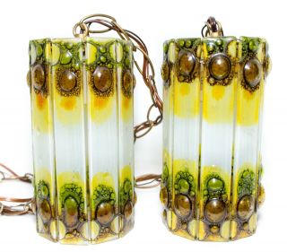 Pair Vintage Mid Century Art Glass Swag Light Lamps Ceiling Fixture Green