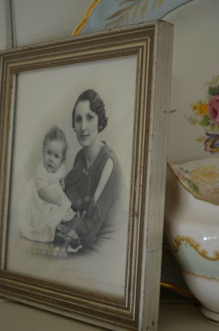 Very Old Picture Framed Blk White Art Deco Photograph Mother & Baby