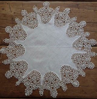 Antique Tatted Lace & Linen Doily Centerpeice Tatting 17 1/2 