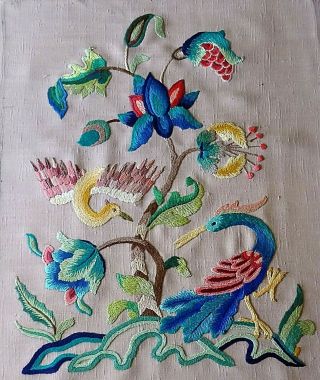 Vintage Jacobean Style Embroidery Picture Of Birds & Flowers