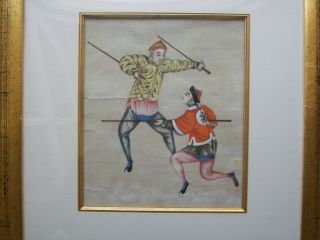 Chinese Pith Rice Paper Watercolour Painting Of 2 Martial Art Fighters 20x18 Cms