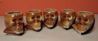 Antique Japan Poison Skull Sake Cup Set Of 5 Halloween Grim Reaper 1930 Skeleton