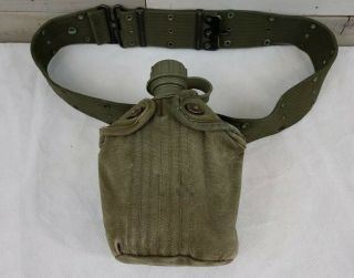 Vintage Us Military Water Bottle Canteen With Canvas Cover And Belt