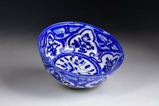 Persian Islamic Iznik Middle Eastern Pottery Bowl With Underglaze Blue Designs