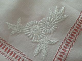 Vintage Snowy White Irish Linen Table Cloth Hand Embroidery Drawn Thread