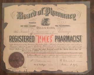 1903 Illinois Board Of Pharmacy License Certificate Chicago Il Frank Dunne