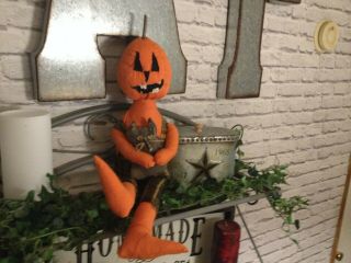 Primitive Halloween Fall Pumpkin Doll With His Cat Decor