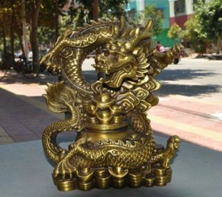 Old Chinese Fengshui Brass Wealth Treasure Bowl Success Dragon Beast Statue